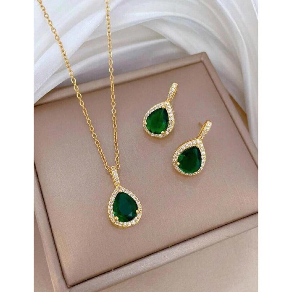 18K Gold Plated Green Teardrop Pendant Necklace & Earrings Set With Crystal Acce